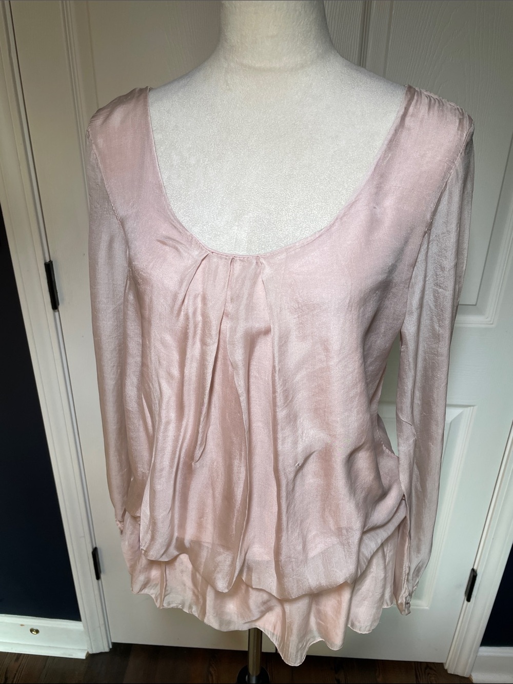 Piazza Roma Italian Silk Blouse Layered Flowy Lagenlook Top Blush Pink Size M